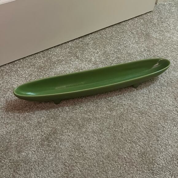 Vintage Footed Olive Green Olive/ Hors d'oeuvre  Ceramic Tray Boat  18" Long - Picture 1 of 3